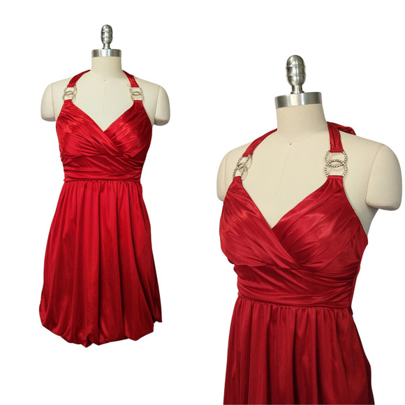 Vintage Y2K Red Satin Halter Mini Dress Size M Trixxi Bubble Hem Hoco Formal - Picture 1 of 8